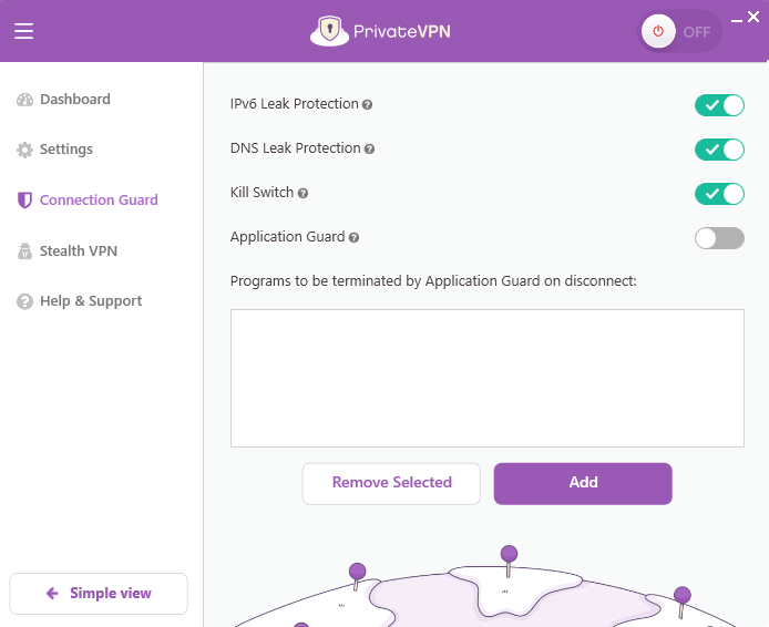 PrivateVPN kill switch feature located under Connection Guard