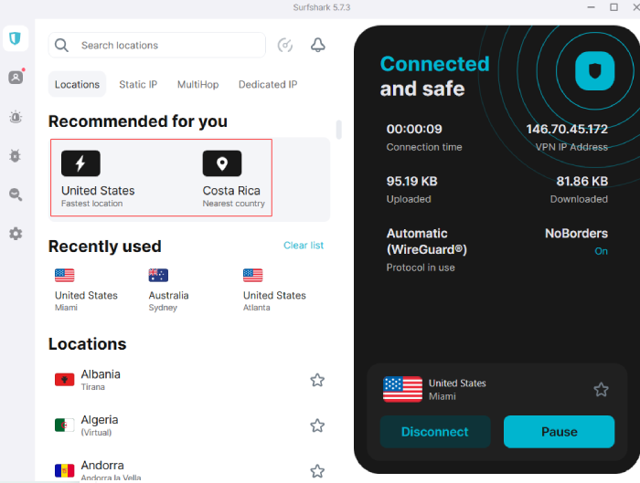 Surfshark VPN screen, showing it's connected to a server in the United States.