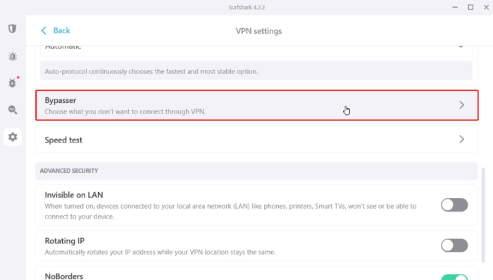 Surfshark VPN's settings with a red box around "Bypasser".