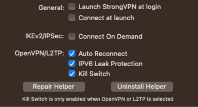 StrongVPN's kill switch settings.