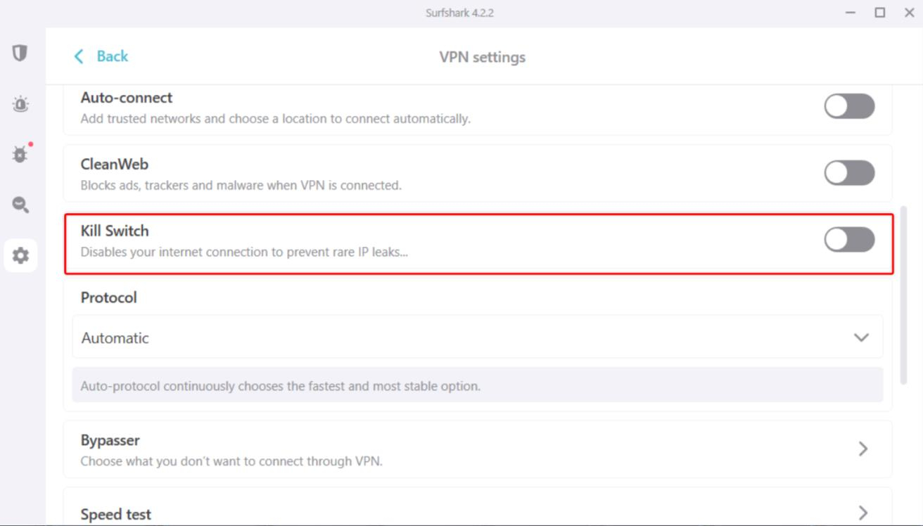 Surfshark VPN's settings with a red box around "kill switch".
