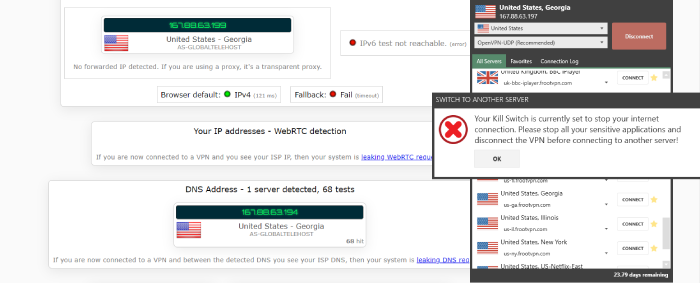 Example of a VPN’s kill switch blocking us from switching servers