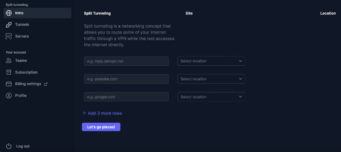 Example of a VPN’s split tunneling setup