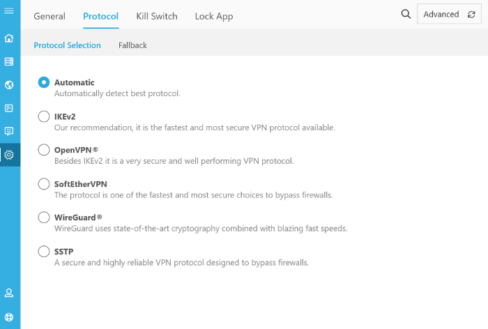 Options to change VPN protocols
