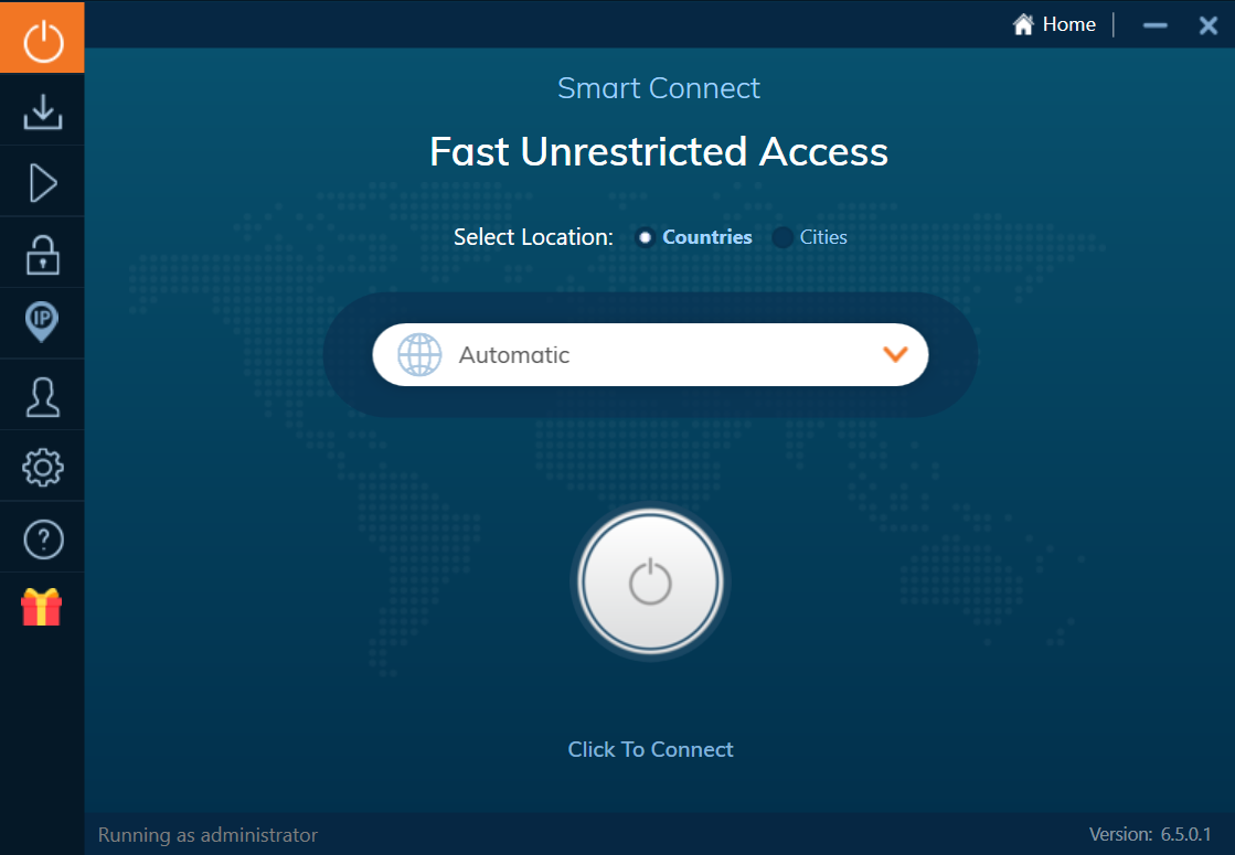 Example of a VPN app’s home page UI