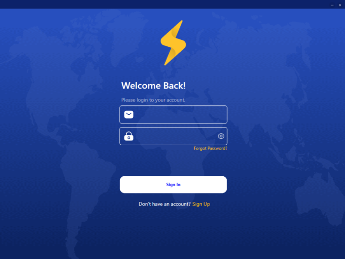 FastestVPN app login screen.