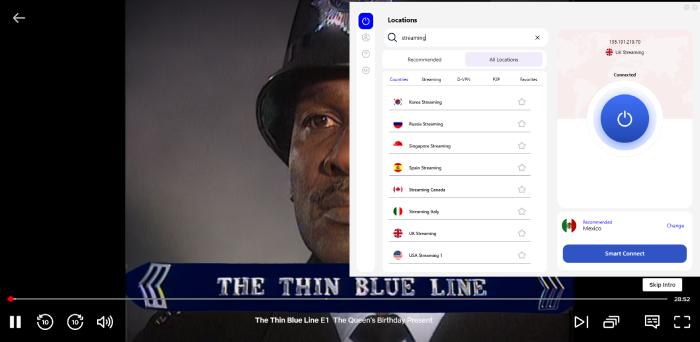A Netflix stream of The Thin Line while connected to a U.K. server