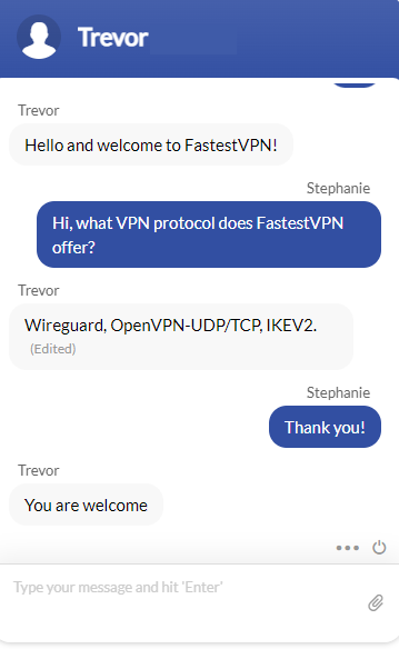 A live chat conversation with FastestVPN's customer support.