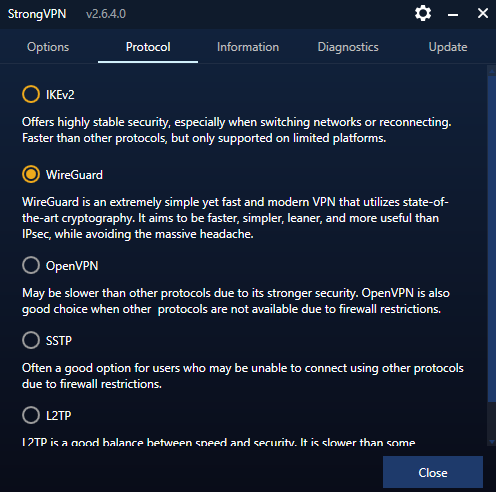 StrongVPN app open on its protocol settings. 