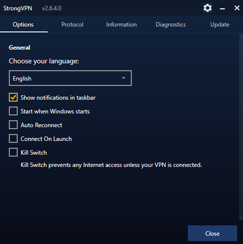StrongVPN app open on its settings. 