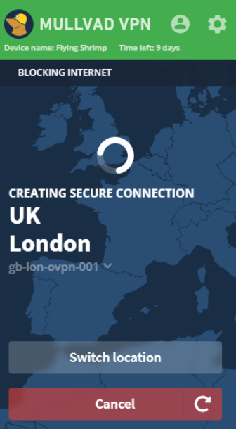 Mullvad VPN had trouble connecting to a U.K. server 