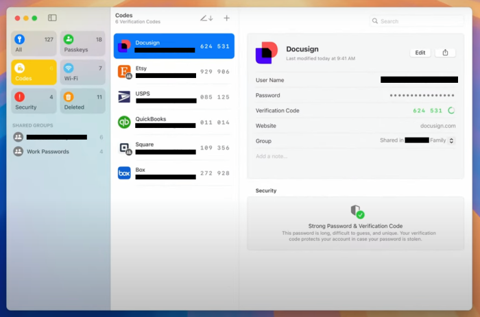 Apple Passwords verification codes screen.