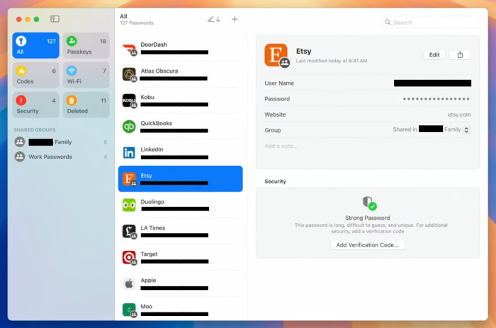 Apple Passwords screen with various apps. 