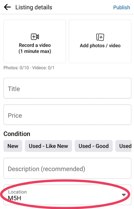 Facebook Marketplace selling location