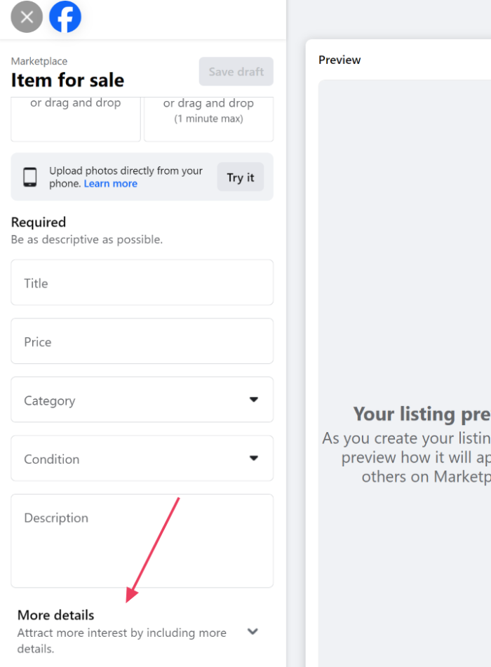 More details section on Facebook Marketplace