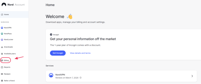 NordVPN menu with billing highlighted