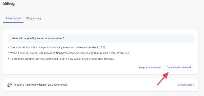 NordVPN confirmation page to cancel auto-renewal
