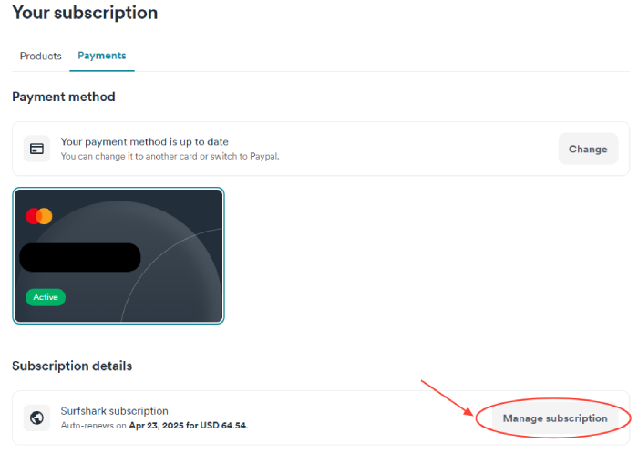 Surfshark payments tab with a Manage Subscription button