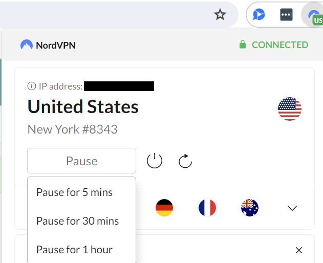 NordVPN pause button options