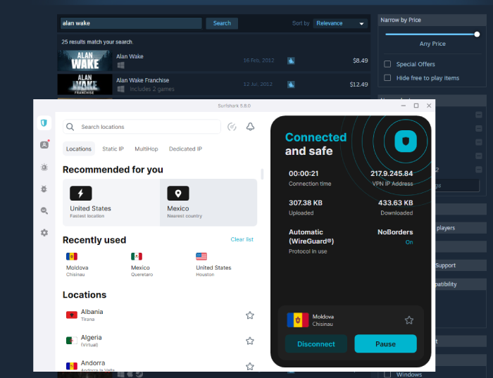 Steam search results for Alan Wake with the Surfshark dashboard (connected to Moldova).