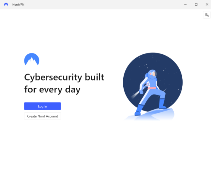 NordVPN app after installation with login prompt