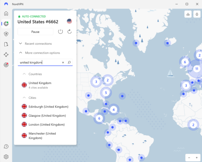 NordVPN app with list of U.K. servers open