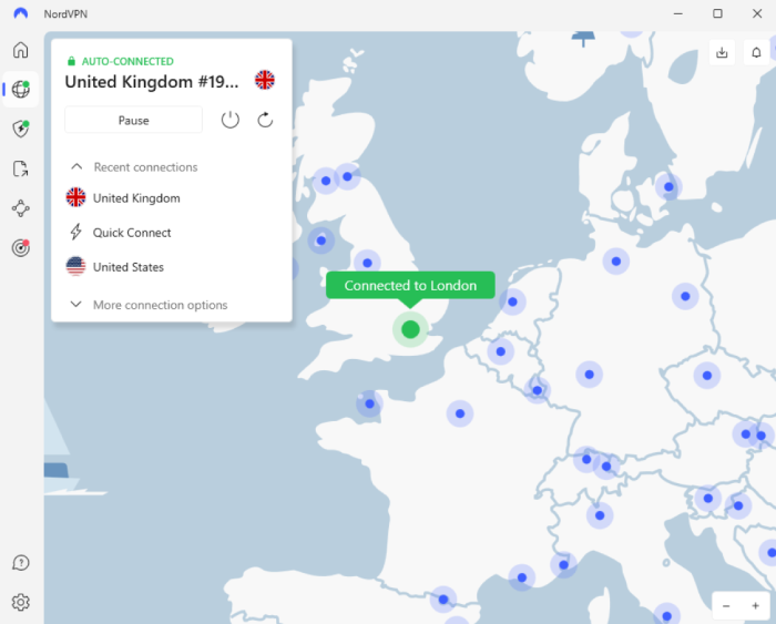 NordVPN app connected to a U.K. server