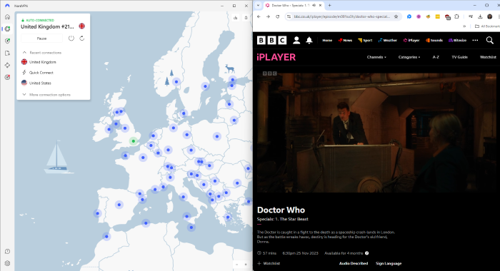 A BBC iPlayer stream of Doctor Who next to NordVPN connected to a U.K. server