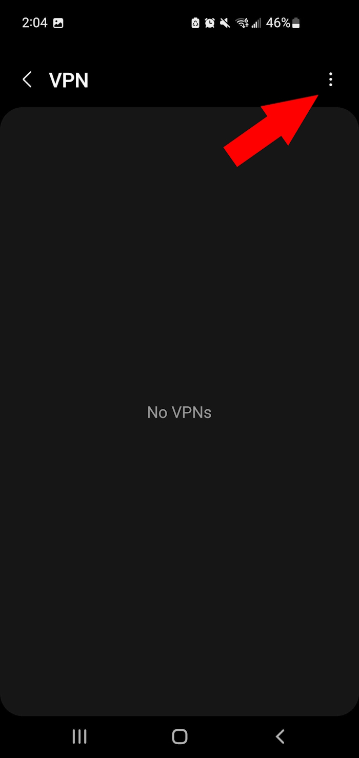 Android VPN settings with the menu to add a new connection highlighted