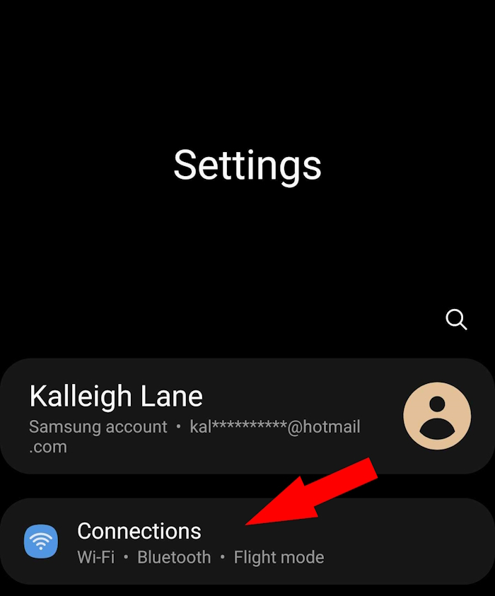 Android settings with Connections highlighted