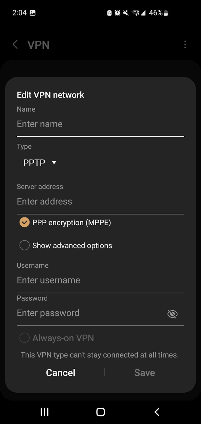 Settings for adding a VPN to your Android device
