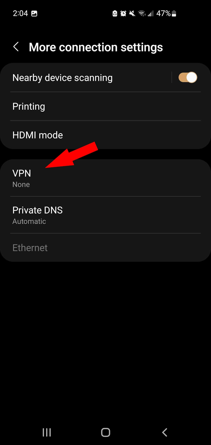 Android Connection Settings with the VPN option highlighted