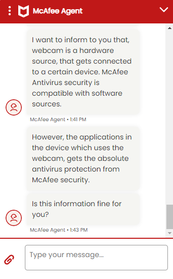 A live chat with McAfee customer service.