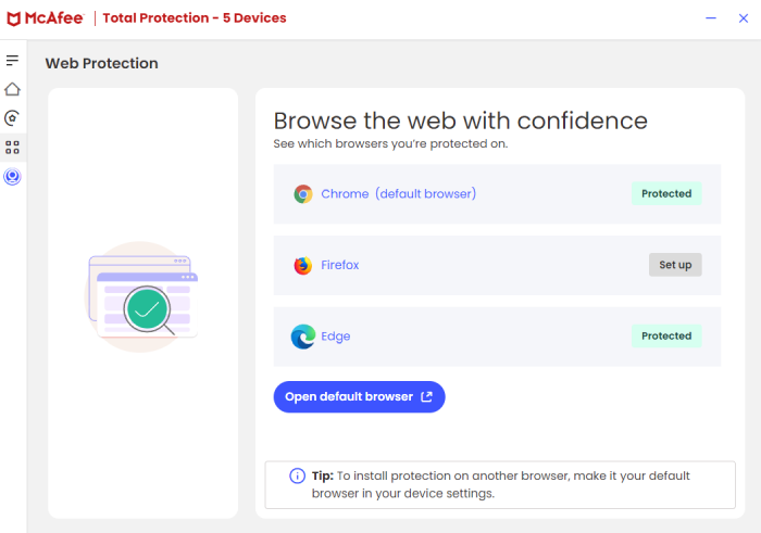 McAfee antivirus open on Web Protection tab. 
