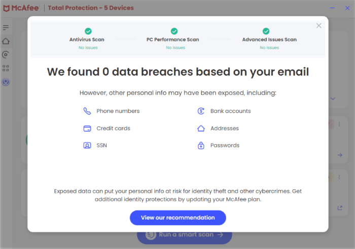 McAfee antivirus Smart Scan results.