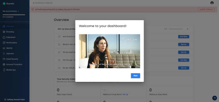 Guardio welcome video in front of the dashboard.