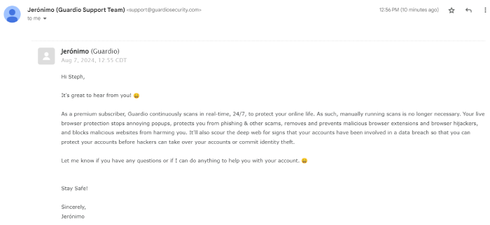 Email response from Guardio customer support.