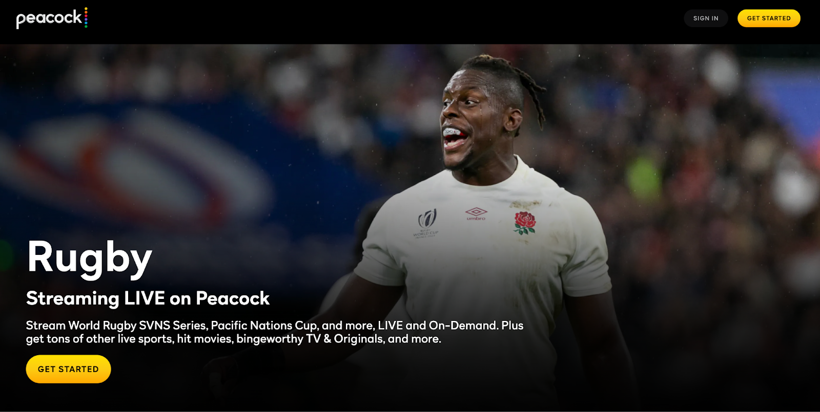 Peacock streaming service advertising live rugby games