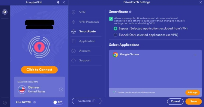 PrivadoVPN main dashboard with settings
