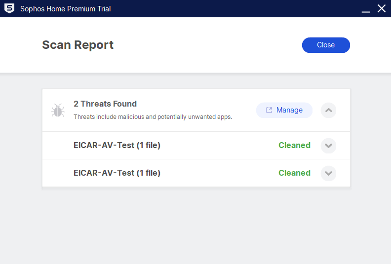 Sophos Home Premium scan report, listing off the two threats found.