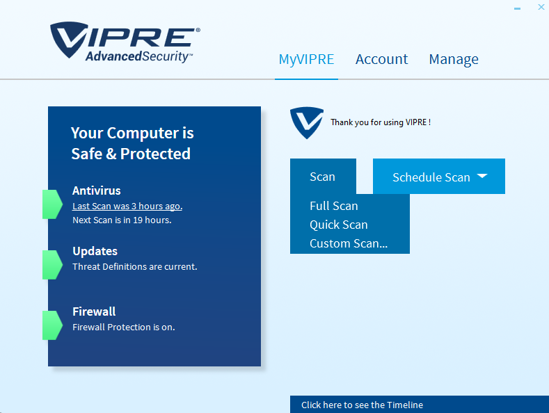 Vipre main dashboard with scan dropdown open.