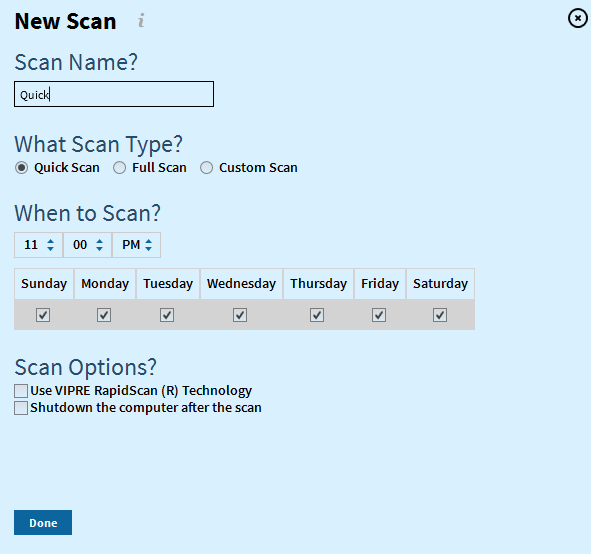 Vipre Antivirus scheduled scan settings