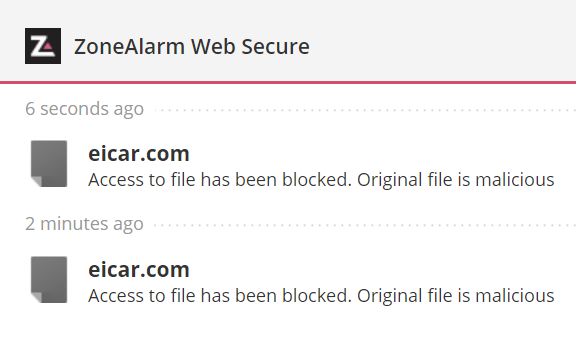 ZoneAlarm detecting EICAR malware