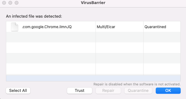 Intego VirusBarrier threats detected pop-up