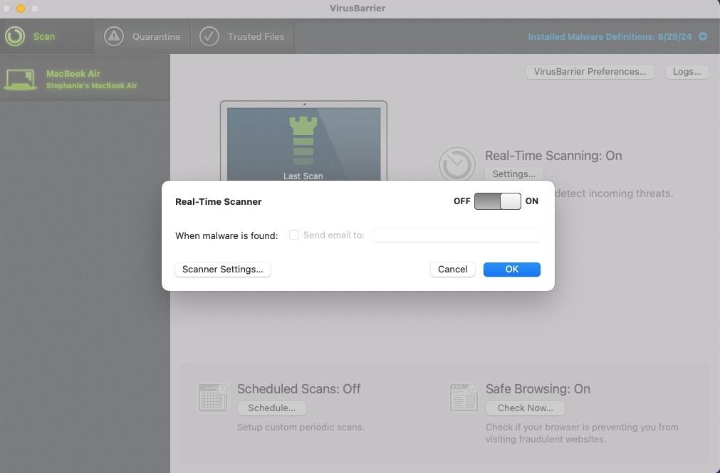 Intego antivirus real-time scanner settings