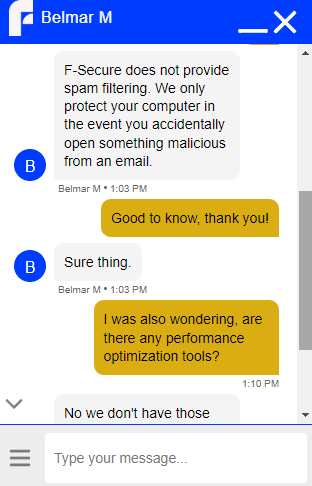 A live chat with F-Secure customer support