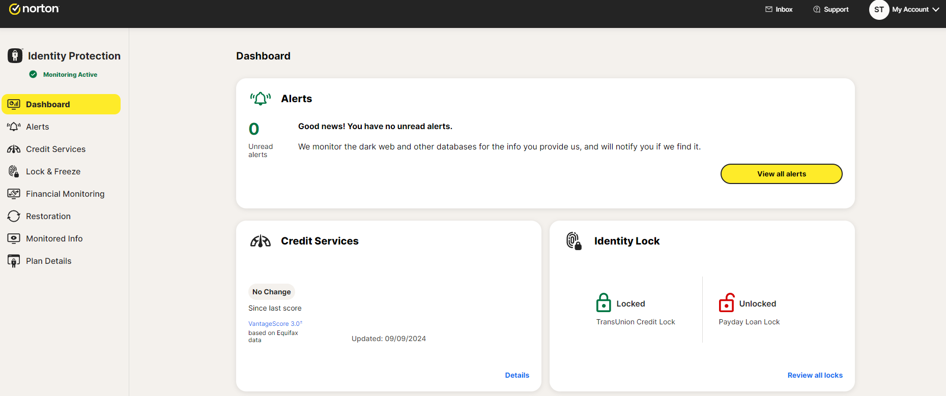 LifeLock main dashboard