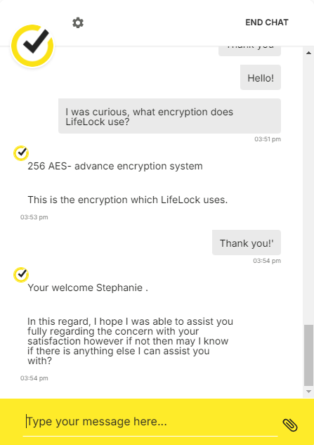 A live chat conversation with LifeLock support.