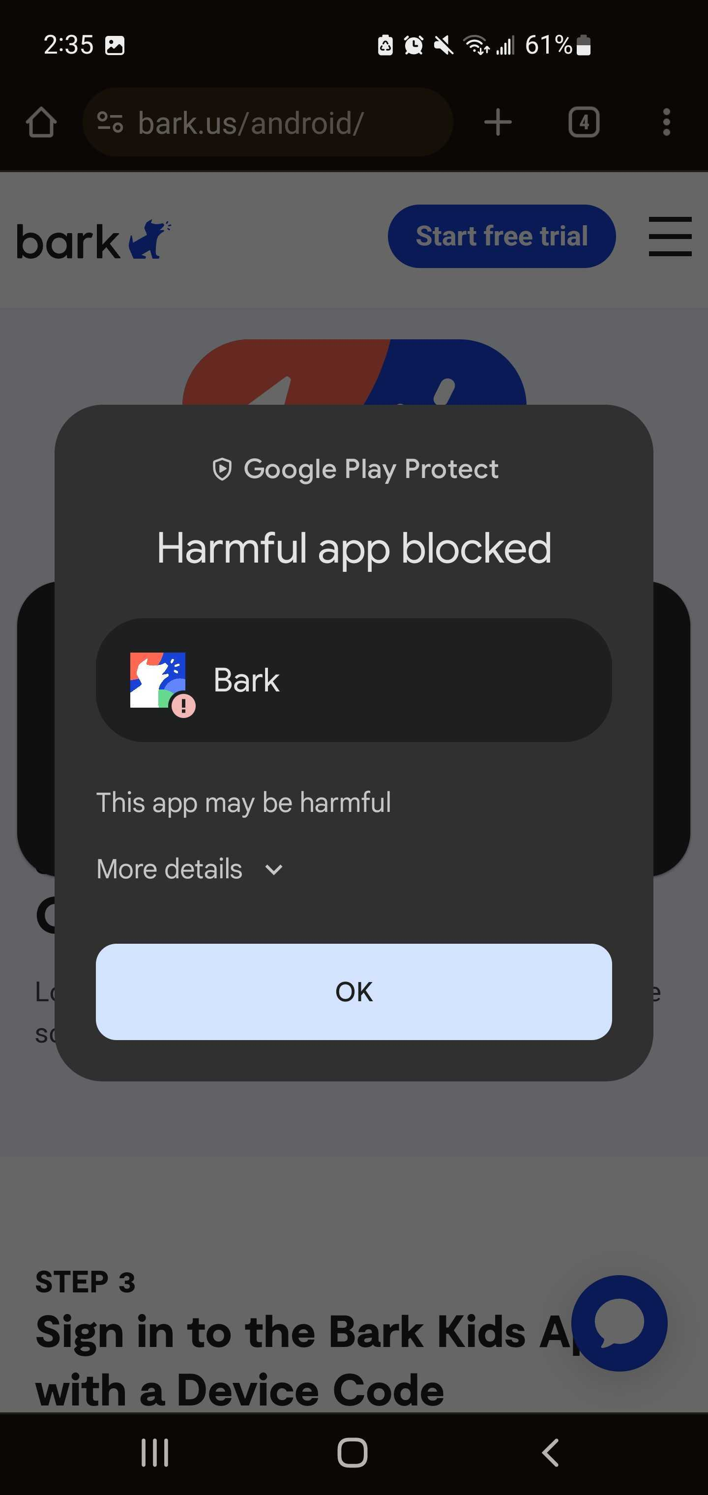 Bark app download blocked by Samsung