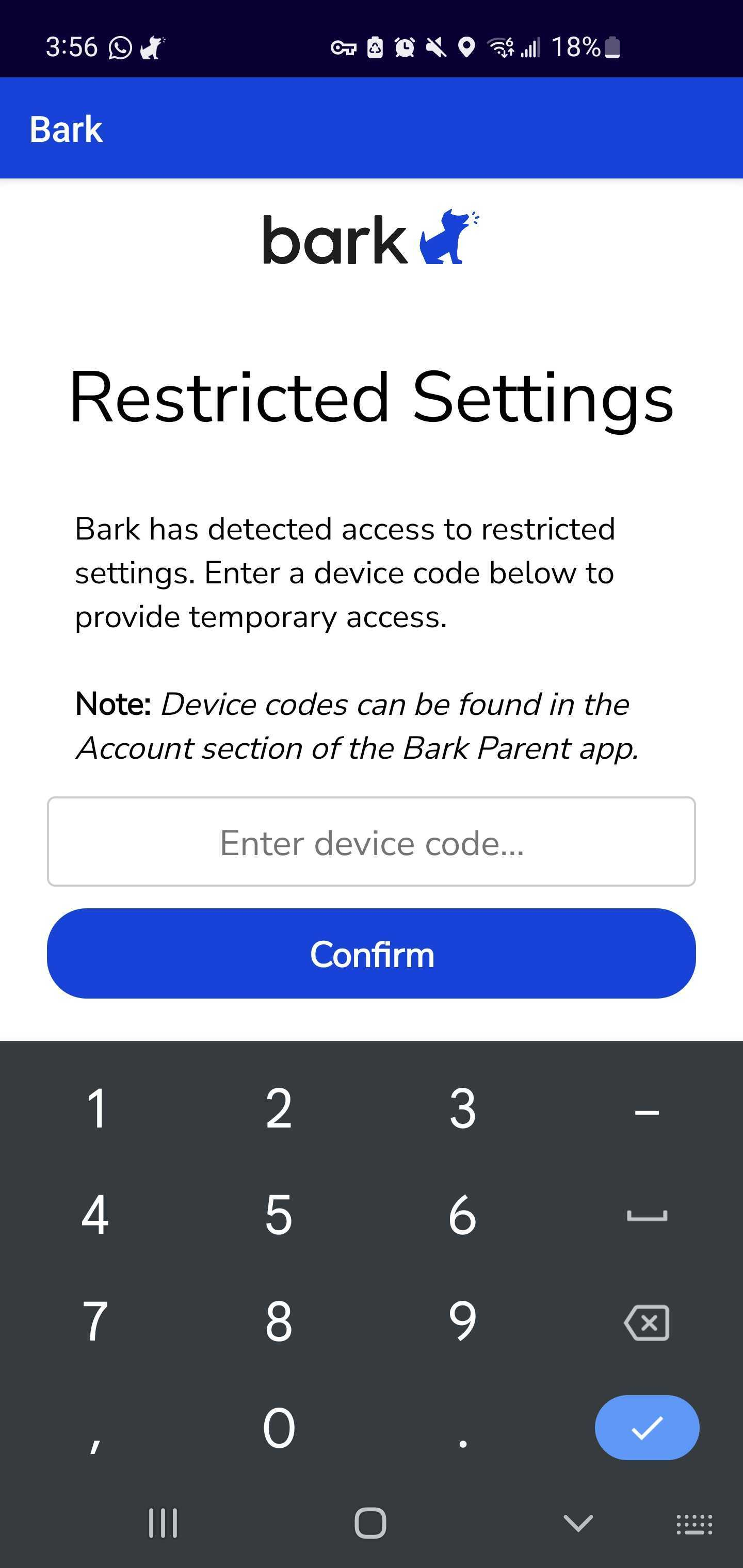 Bark password protecting the uninstall option on phone